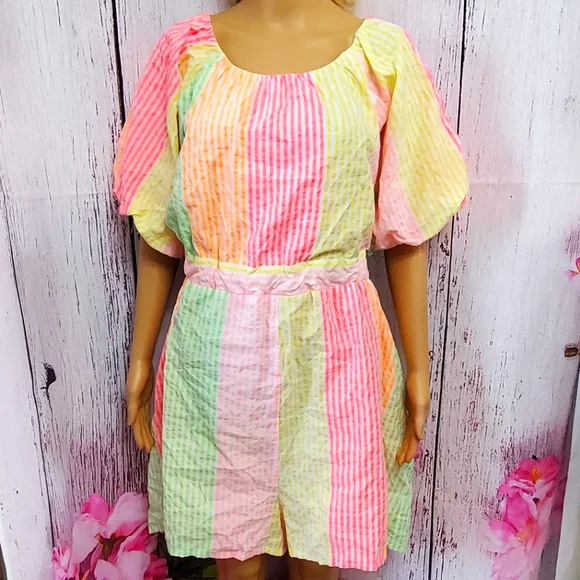 Davi & Dani Neon Bright Striped Romper. XL. - Picture 2 of 14